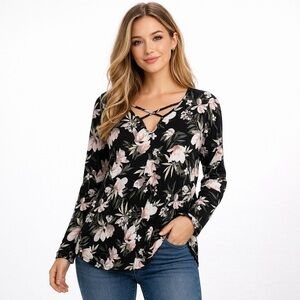 Lily Morgan Floral Crisscross V Neck Long Sleeve Relaxed Fit Top Size L